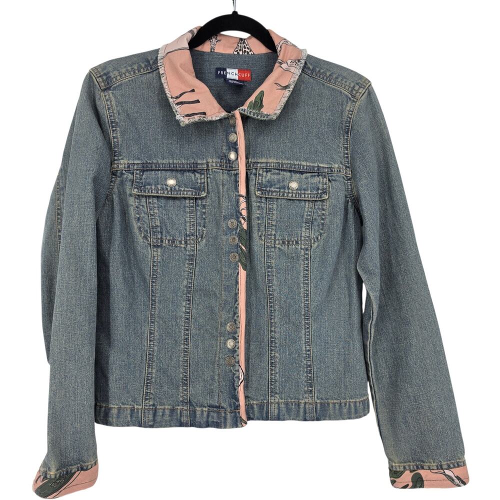 Vintage Y2K French Cuff Giraffe Embroidery Patchwork Novelty Denim Jacket Size M